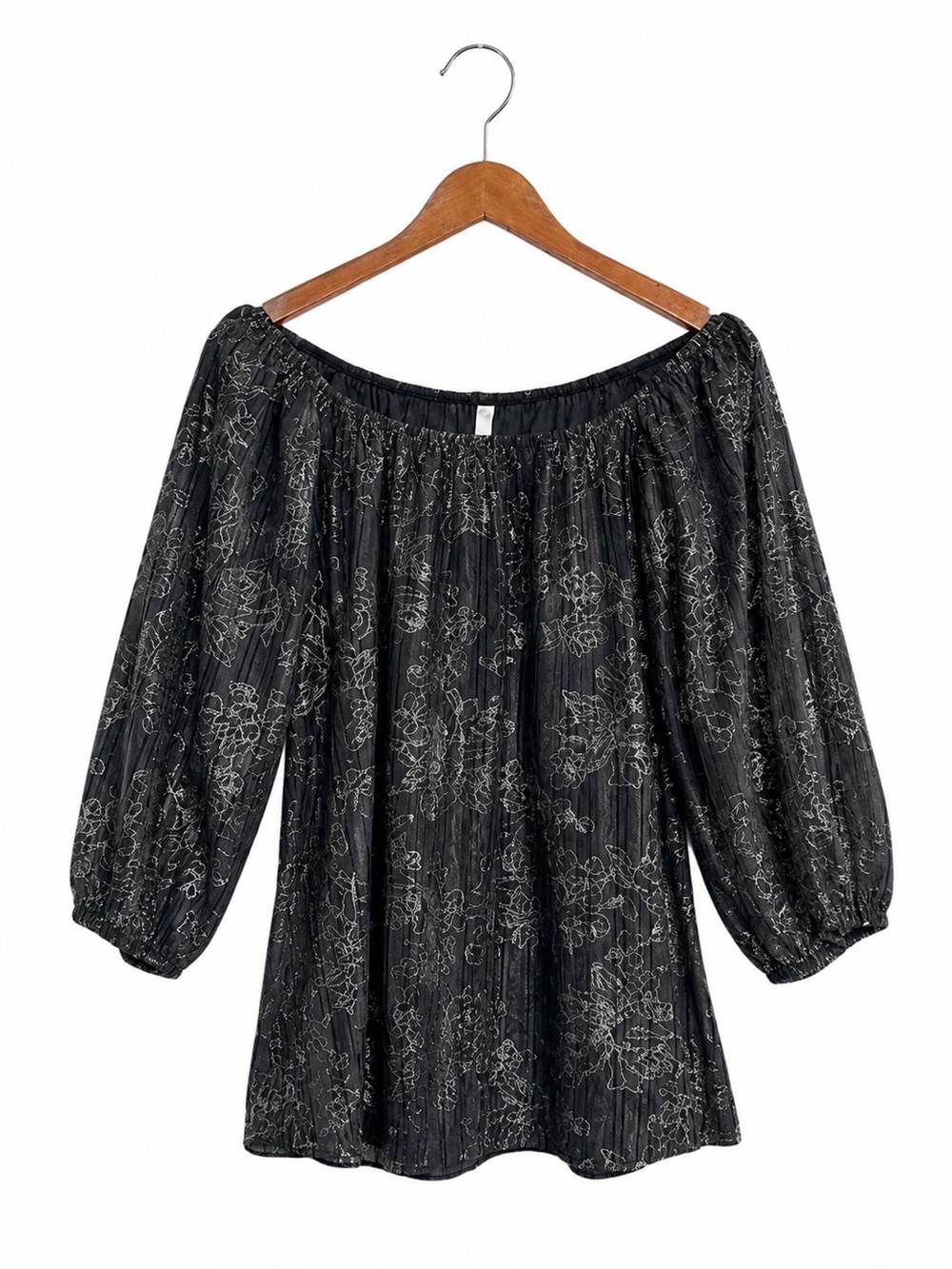 Hot Choco Women’s Shimmer Floral Crinkle Pleated Top Black Silver Medium